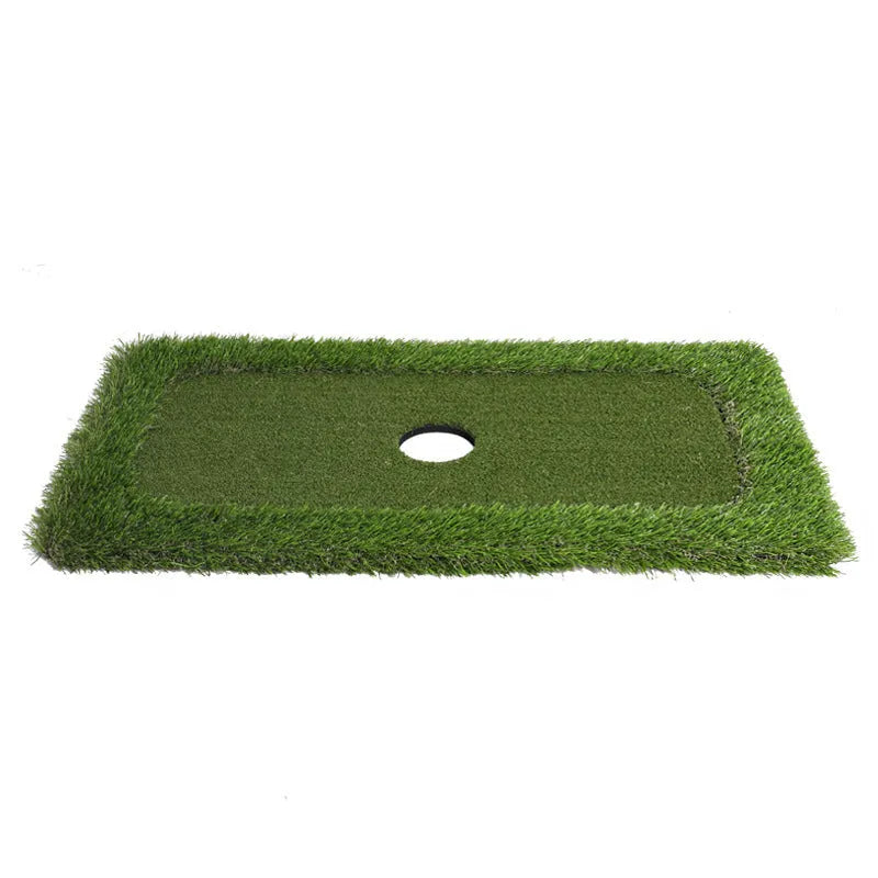 Green golf training mat showing PP grass surface texture with EVA backing