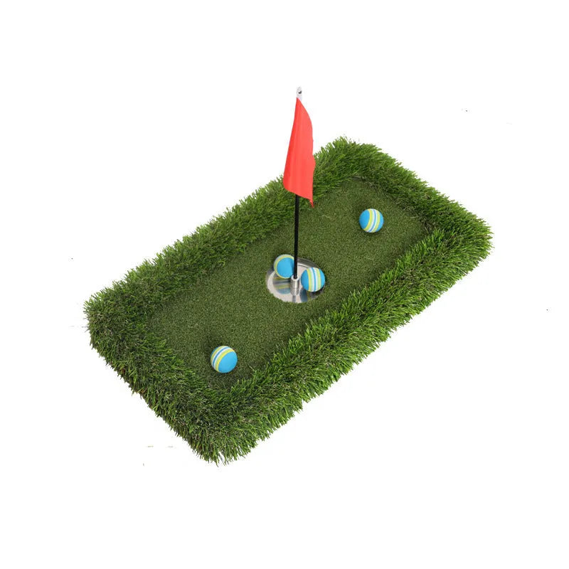 Green golf training mat showing PP grass surface texture with EVA backing
