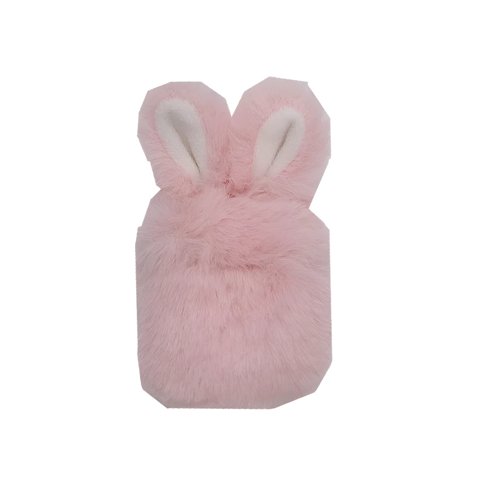Pink soft silicone AirPods cover with grey plush rabbit ears attached to the top.