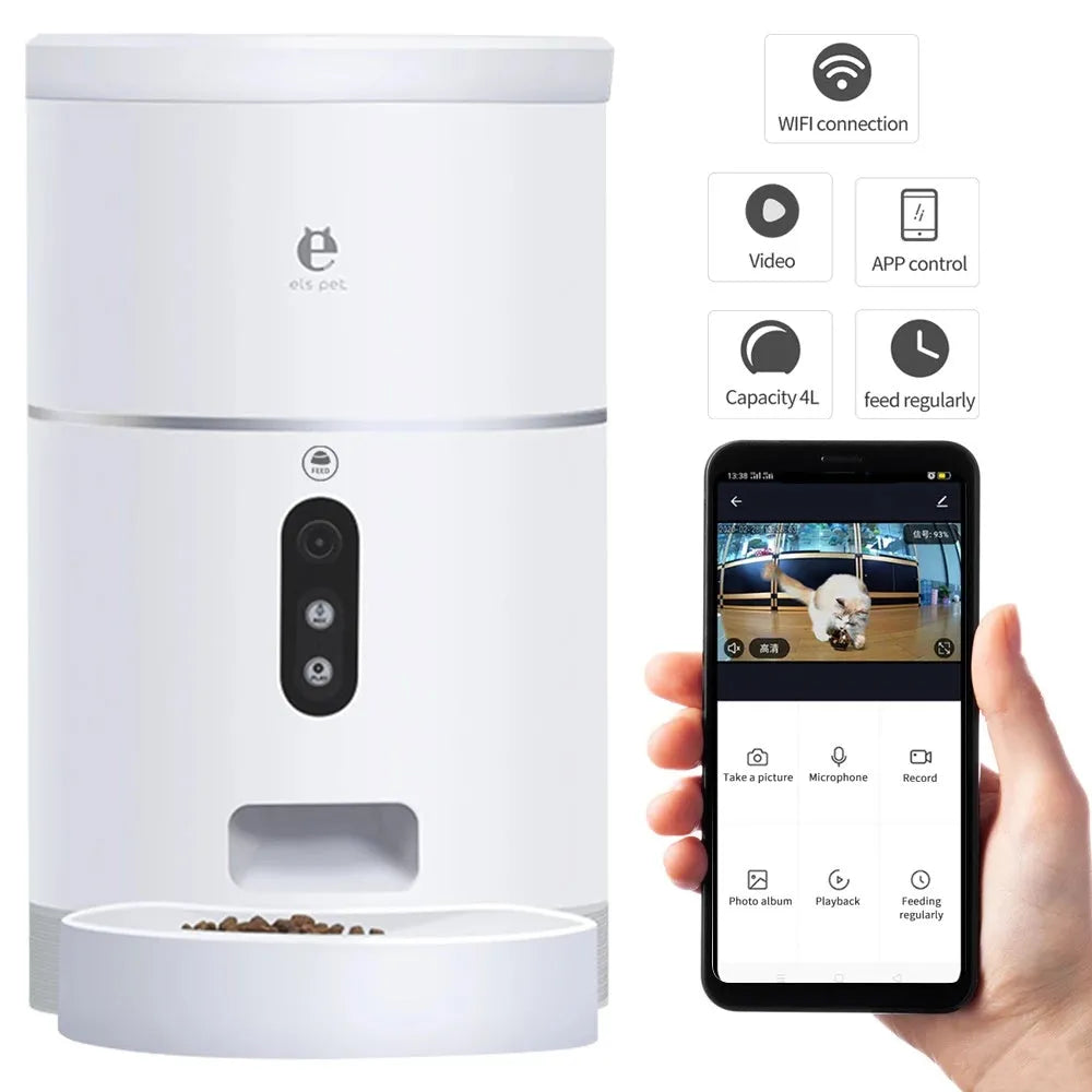 White automatic pet feeder with 1080P camera, 4L capacity, detachable food plate, and desiccant box