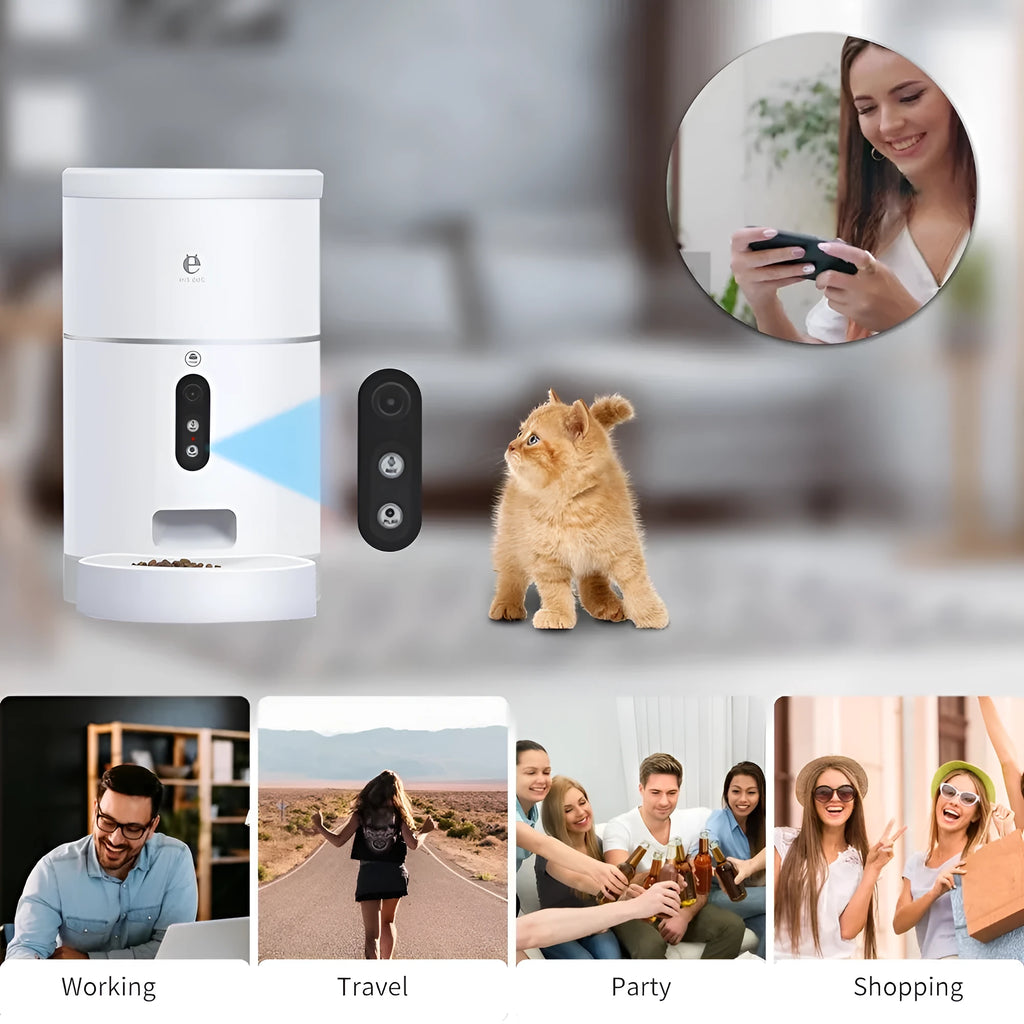 White automatic pet feeder with 1080P camera, 4L capacity, detachable food plate, and desiccant box