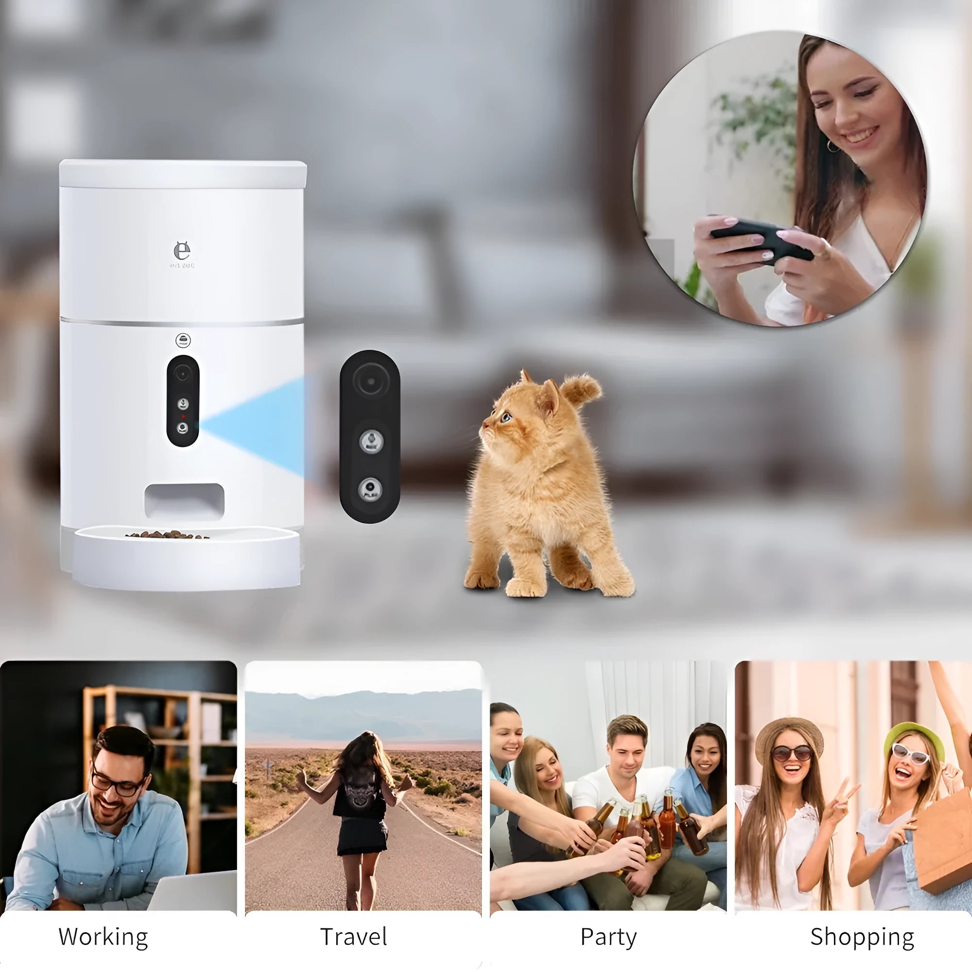 White automatic pet feeder with 1080P camera, 4L capacity, detachable food plate, and desiccant box