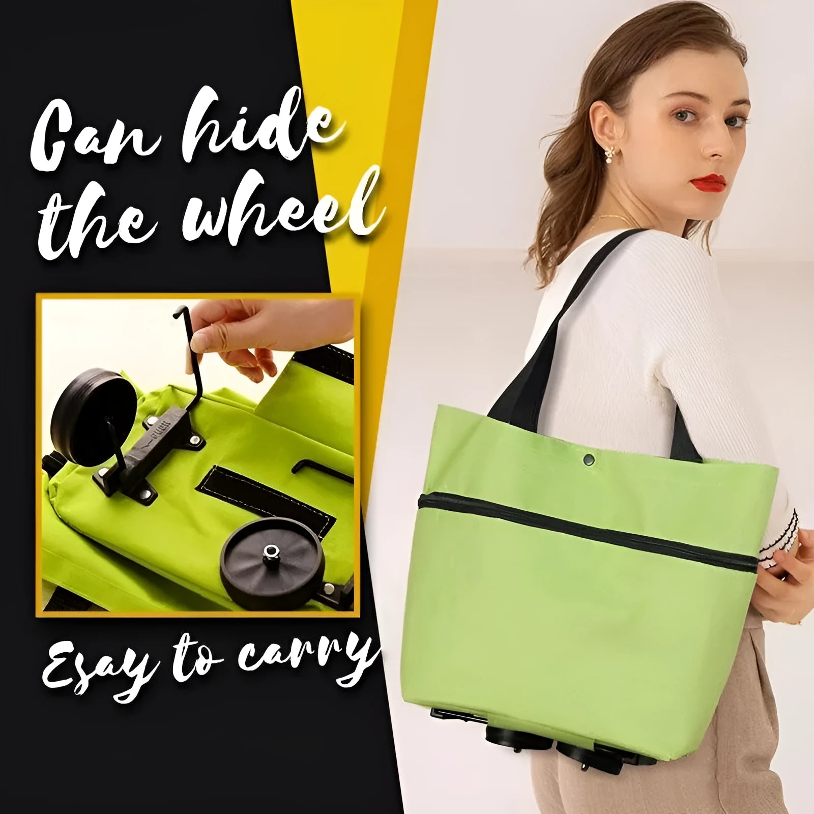 2 in 1 foldable shopping cart with wheels, Oxford cloth bag, 25kg capacity, in green