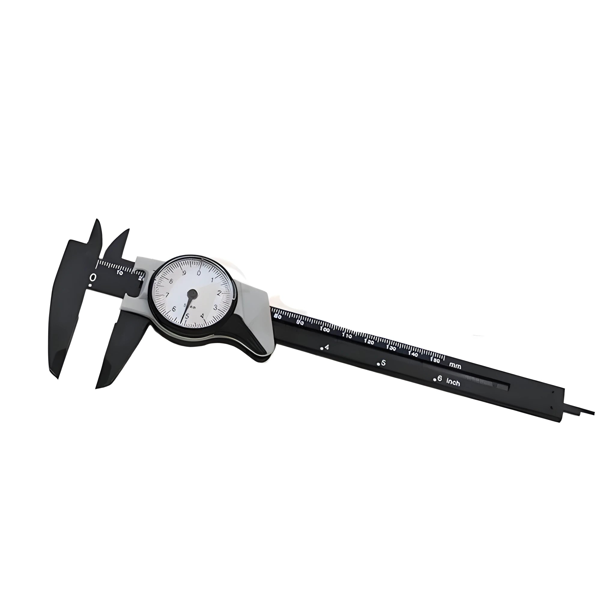 Black and white plastic vernier caliper showing 0-150mm scale and stainless steel measuring jaws.