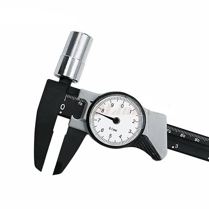 Black and white plastic vernier caliper showing 0-150mm scale and stainless steel measuring jaws.