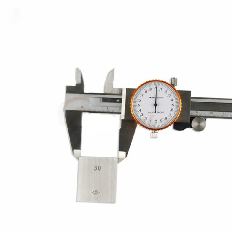 Black and white plastic vernier caliper showing 0-150mm scale and stainless steel measuring jaws.