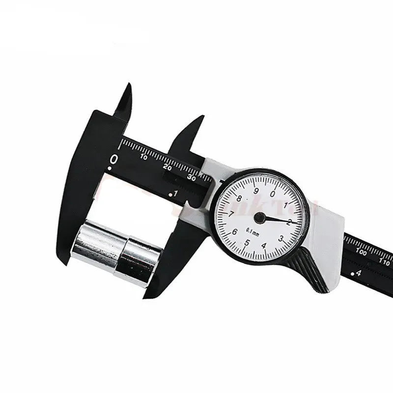 Black and white plastic vernier caliper showing 0-150mm scale and stainless steel measuring jaws.