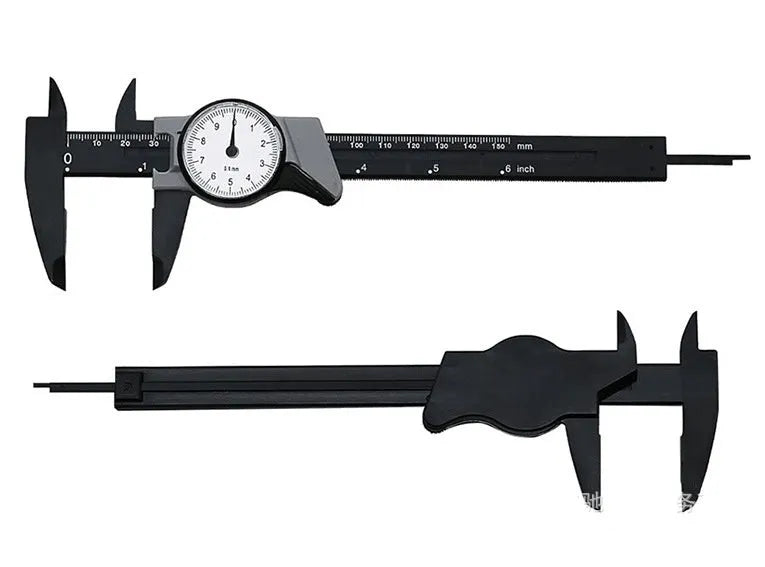 Black and white plastic vernier caliper showing 0-150mm scale and stainless steel measuring jaws.