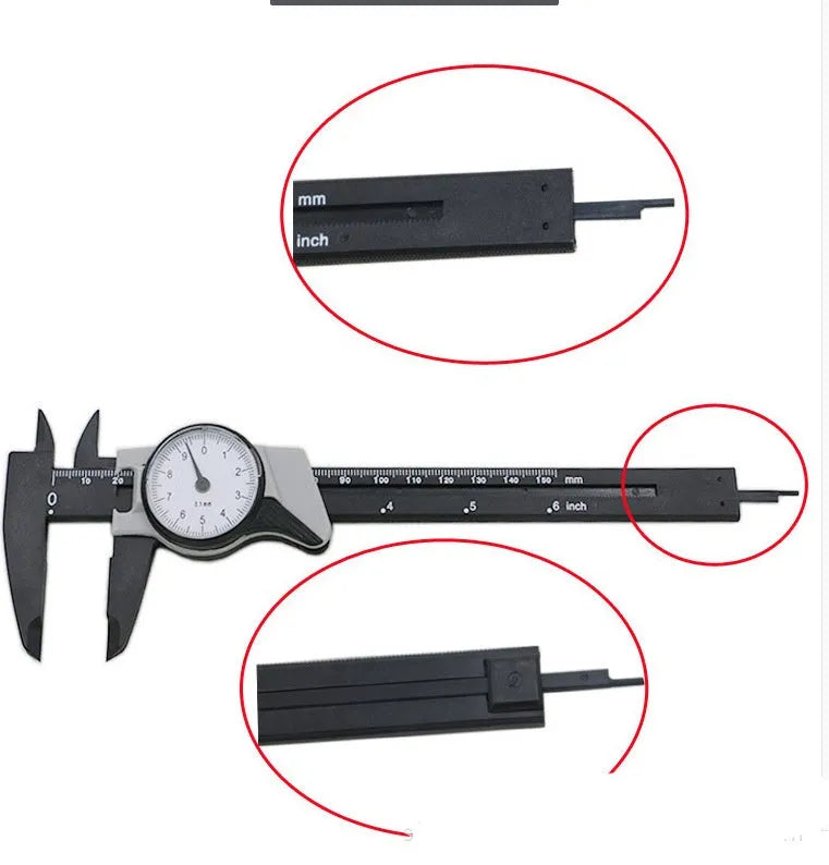 Black and white plastic vernier caliper showing 0-150mm scale and stainless steel measuring jaws.