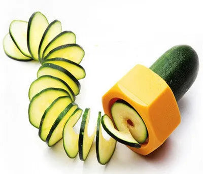 Yellow and green manual spiral vegetable cutter kitchen gadget for slicing cucumbers and carrots