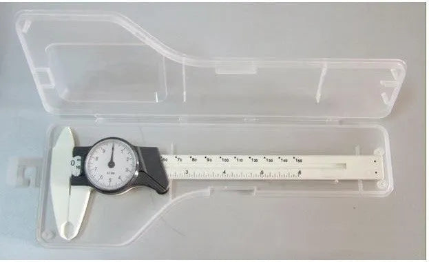 Black and white plastic vernier caliper showing 0-150mm scale and stainless steel measuring jaws.
