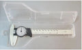 Black and white plastic vernier caliper showing 0-150mm scale and stainless steel measuring jaws.