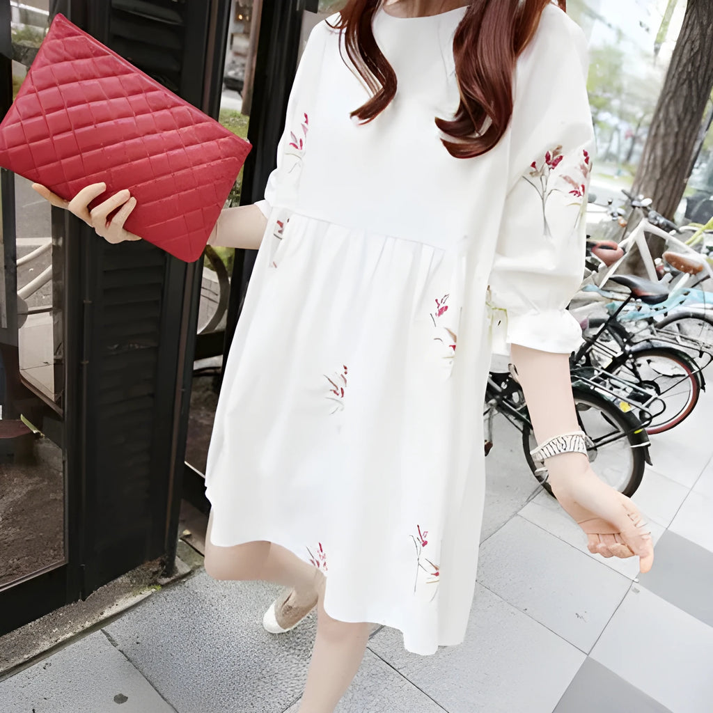 Korean cotton and linen embroidery maternity dress with nursing access, loose fit, sizes M-XXL