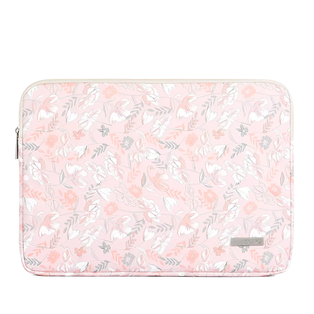 Pink waterproof notebook cover with flower print, zipper closure, and PU leather exterior for 11-15 inch devices