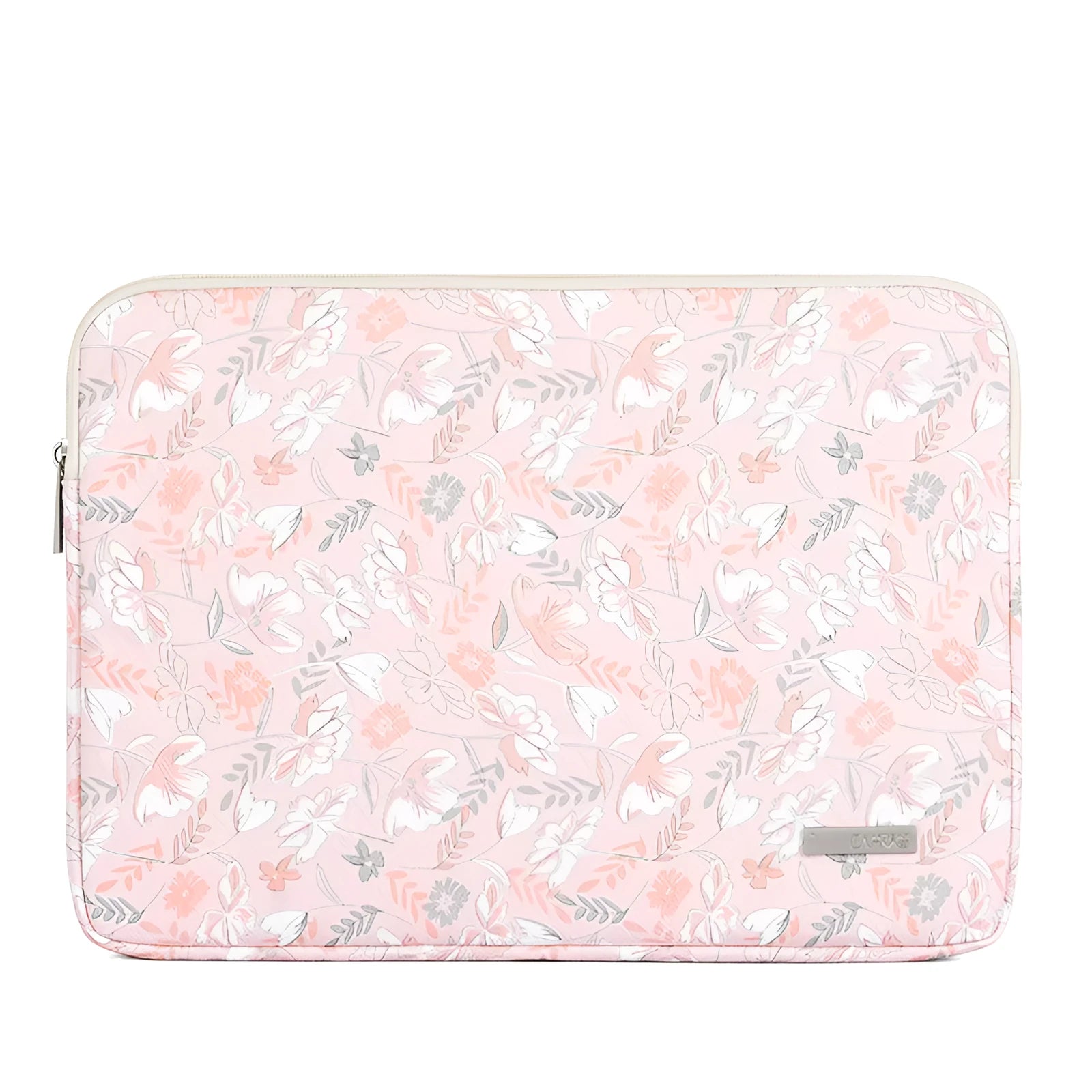 Pink waterproof notebook cover with flower print, zipper closure, and PU leather exterior for 11-15 inch devices