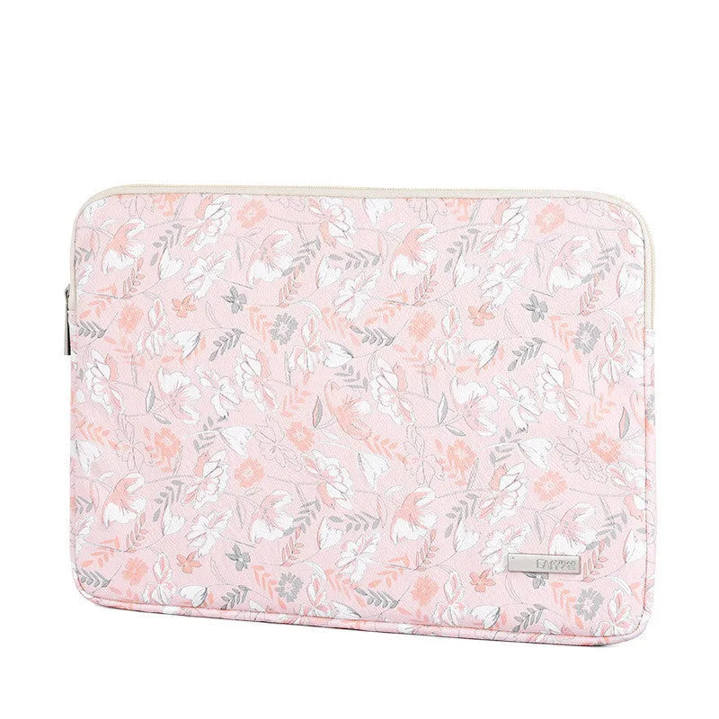 Pink waterproof notebook cover with flower print, zipper closure, and PU leather exterior for 11-15 inch devices