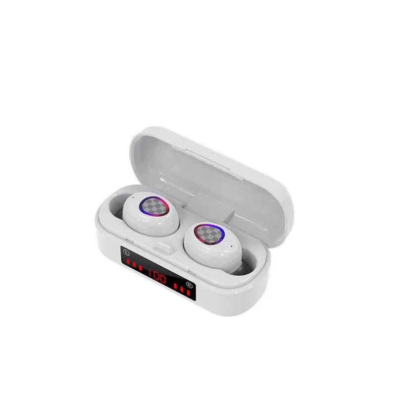 M7 Bluetooth headset in black with digital display charging case showing battery percentage