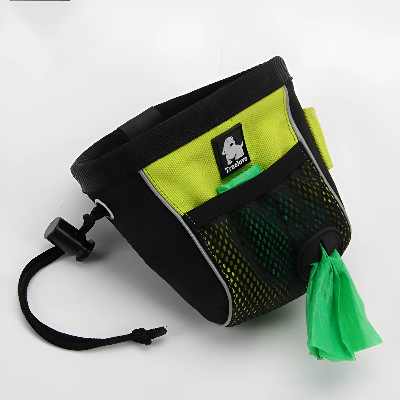 Green dog training waist bag with removable rubbish bag, shown with adjustable waist strap and button closure