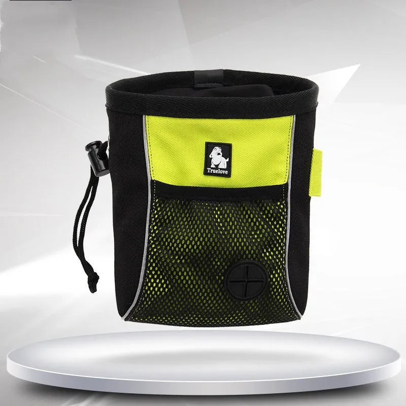 Green dog training waist bag with removable rubbish bag, shown with adjustable waist strap and button closure