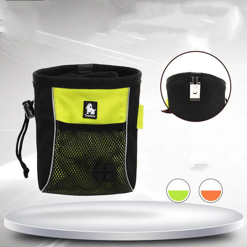 Green dog training waist bag with removable rubbish bag, shown with adjustable waist strap and button closure