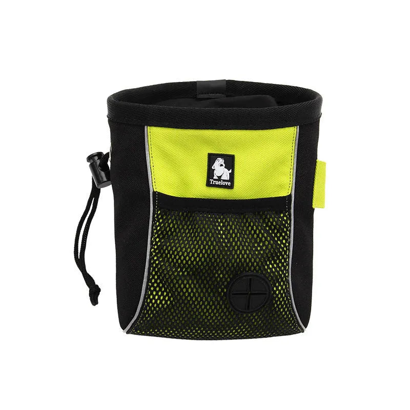 Green dog training waist bag with removable rubbish bag, shown with adjustable waist strap and button closure