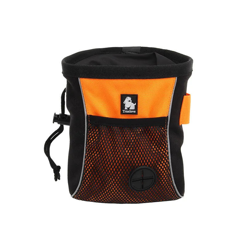 Green dog training waist bag with removable rubbish bag, shown with adjustable waist strap and button closure