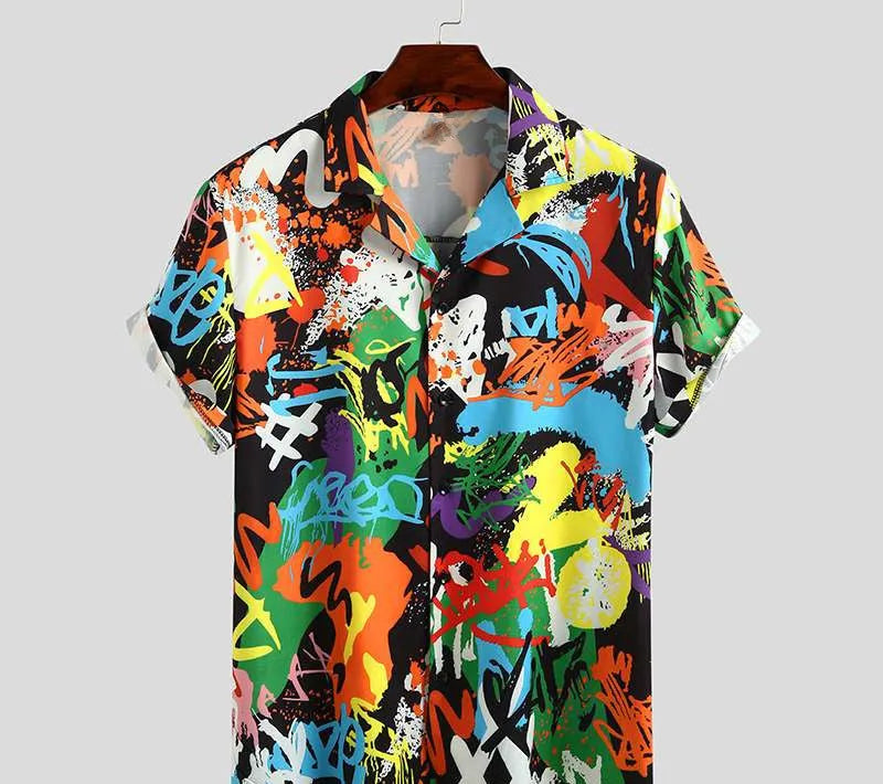 Men's short sleeve printed Hawaiian beach shirt in black, polyester fabric, size M, front view