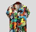 Men's short sleeve printed Hawaiian beach shirt in black, polyester fabric, size M, front view