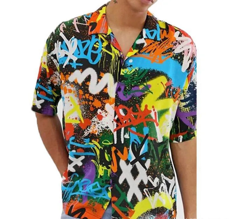 Men's short sleeve printed Hawaiian beach shirt in black, polyester fabric, size M, front view