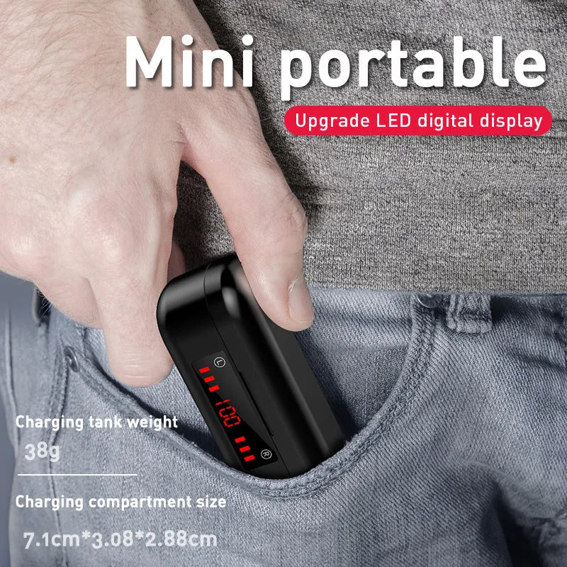 M7 Bluetooth headset in black with digital display charging case showing battery percentage