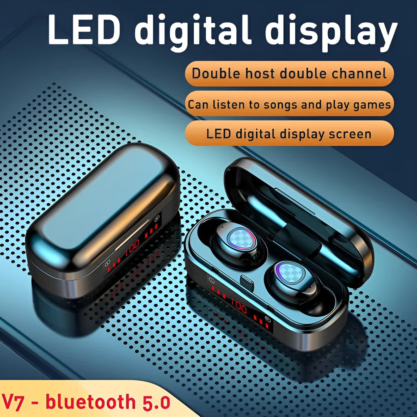 M7 Bluetooth headset in black with digital display charging case showing battery percentage