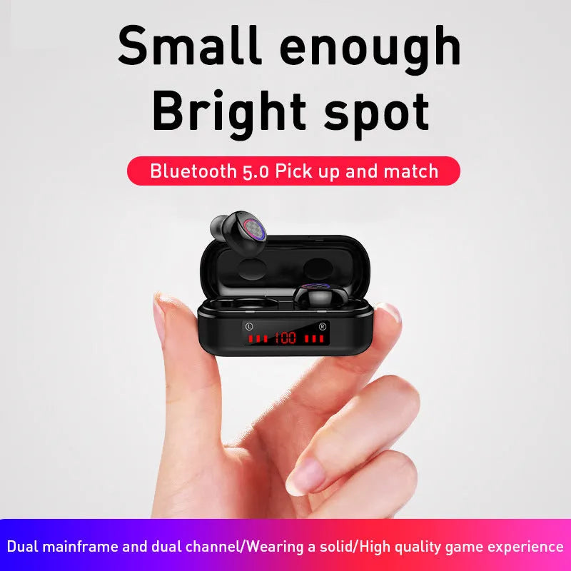 M7 Bluetooth headset in black with digital display charging case showing battery percentage