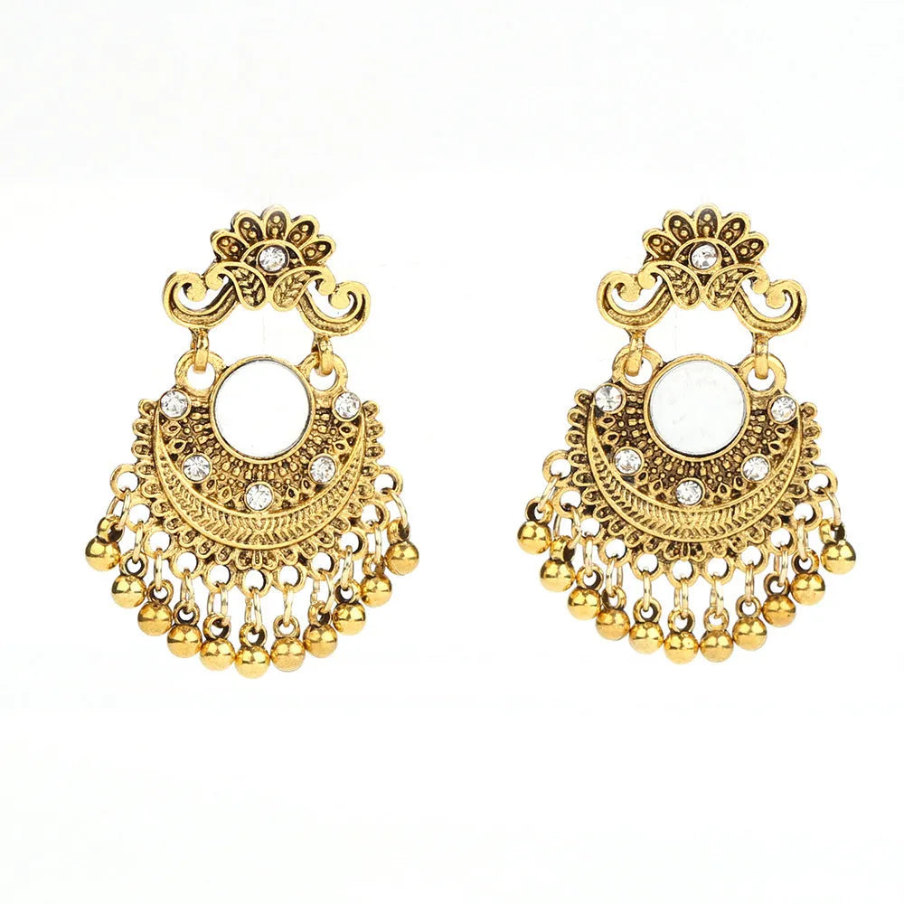 Gold bell tassel earrings with diamond lens centre and alloy inlaid artificial gemstone