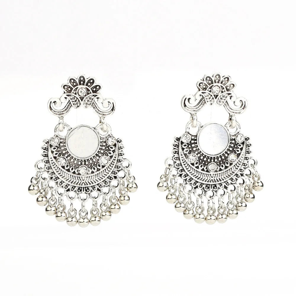 Gold bell tassel earrings with diamond lens centre and alloy inlaid artificial gemstone