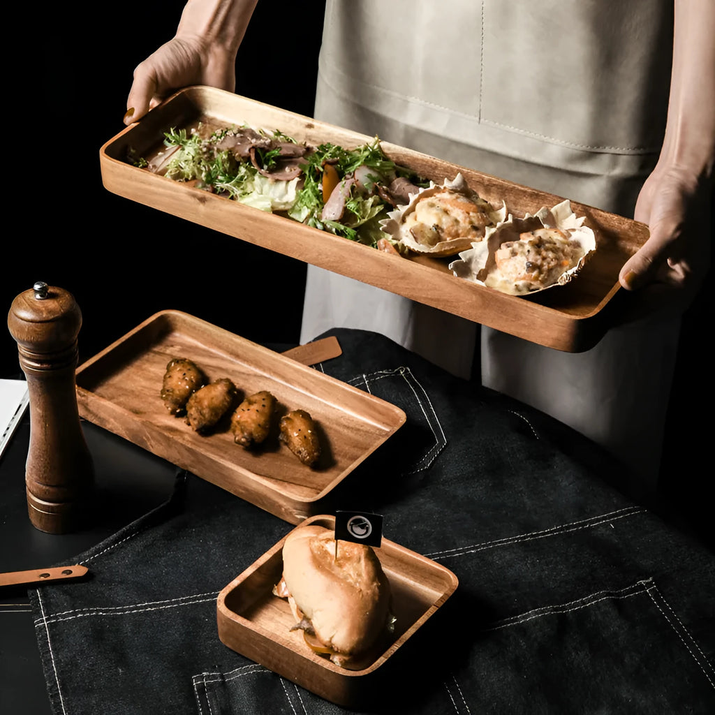 Wooden hand-painted rectangle breakfast plate in Japanese style with acacia finish