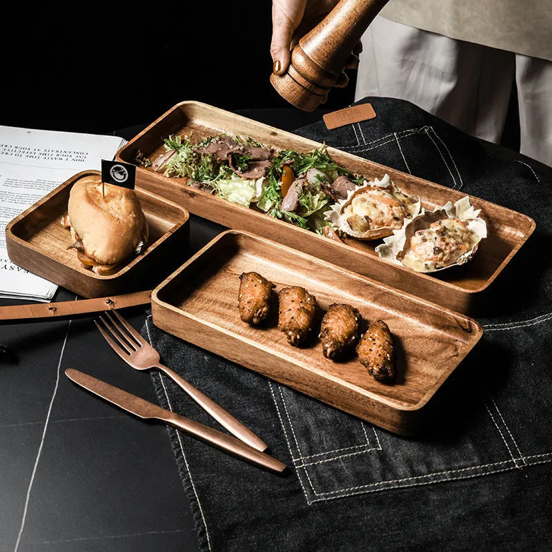 Wooden hand-painted rectangle breakfast plate in Japanese style with acacia finish