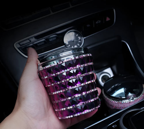 LED diamond-studded plastic car ashtray with grinding finish in a colour option for automotive use
