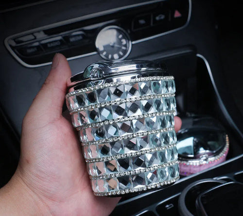 LED diamond-studded plastic car ashtray with grinding finish in a colour option for automotive use