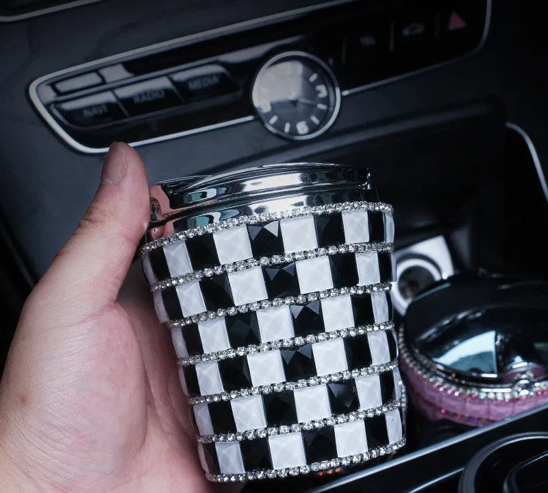 LED diamond-studded plastic car ashtray with grinding finish in a colour option for automotive use