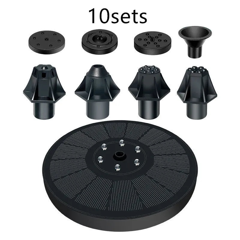 Black solar-powered floating water fountain with spray nozzles for garden bird baths and ponds