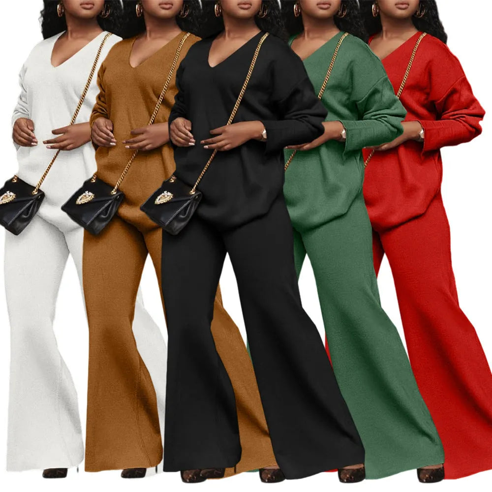 Women's brown thickened suede two-piece suit set with split sleeve design and full-length trousers