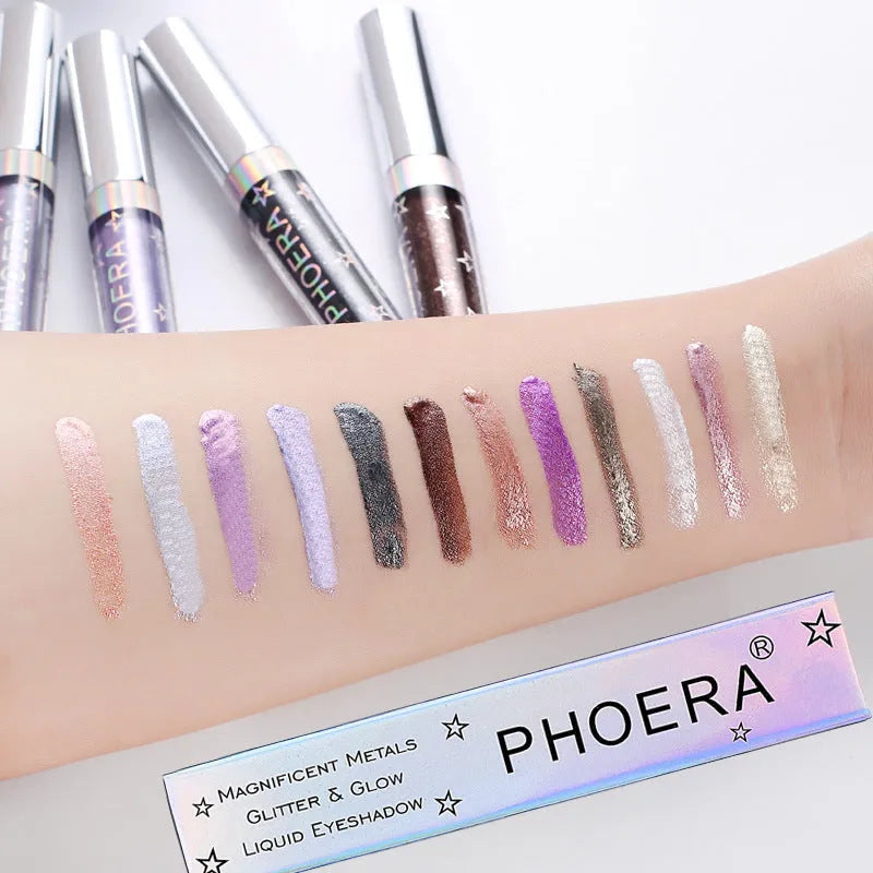 PHOERA Magnificent Metals Glitter and Glow Liquid Eyeshadow in 12 colours with holographic 3D effect in portable 21g bottles