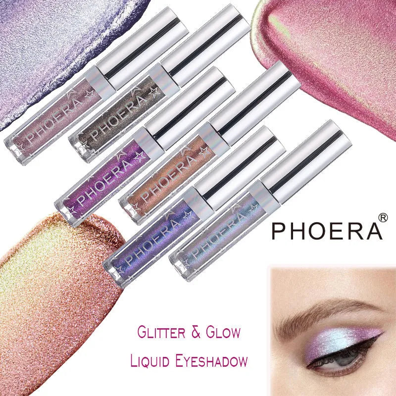PHOERA Magnificent Metals Glitter and Glow Liquid Eyeshadow in 12 colours with holographic 3D effect in portable 21g bottles