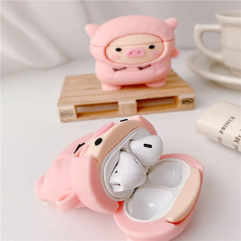 Pink silicone cartoon pig cover for AirPods 1 2 Pro cases with flip design and hook