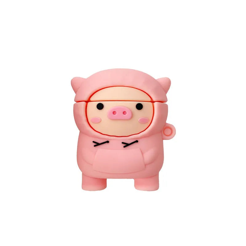 Pink silicone cartoon pig cover for AirPods 1 2 Pro cases with flip design and hook