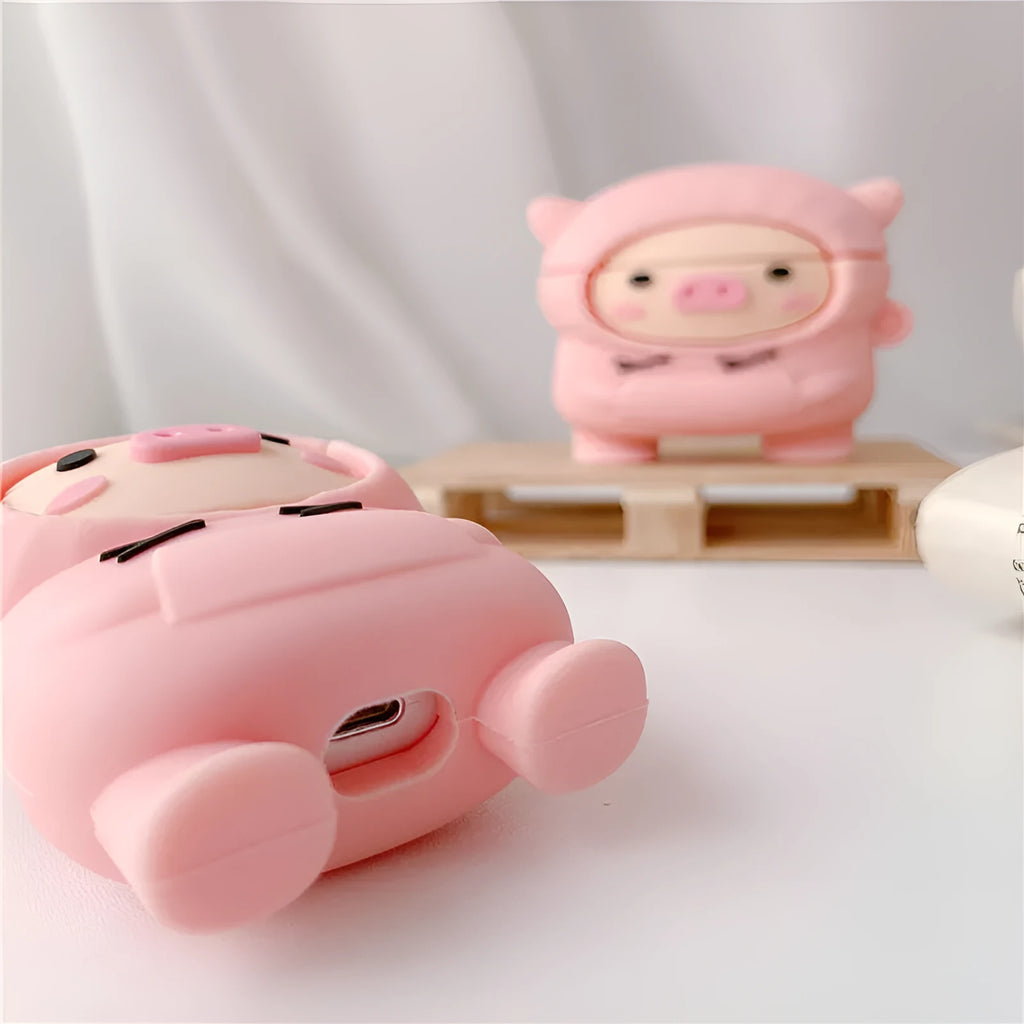 Pink silicone cartoon pig cover for AirPods 1 2 Pro cases with flip design and hook