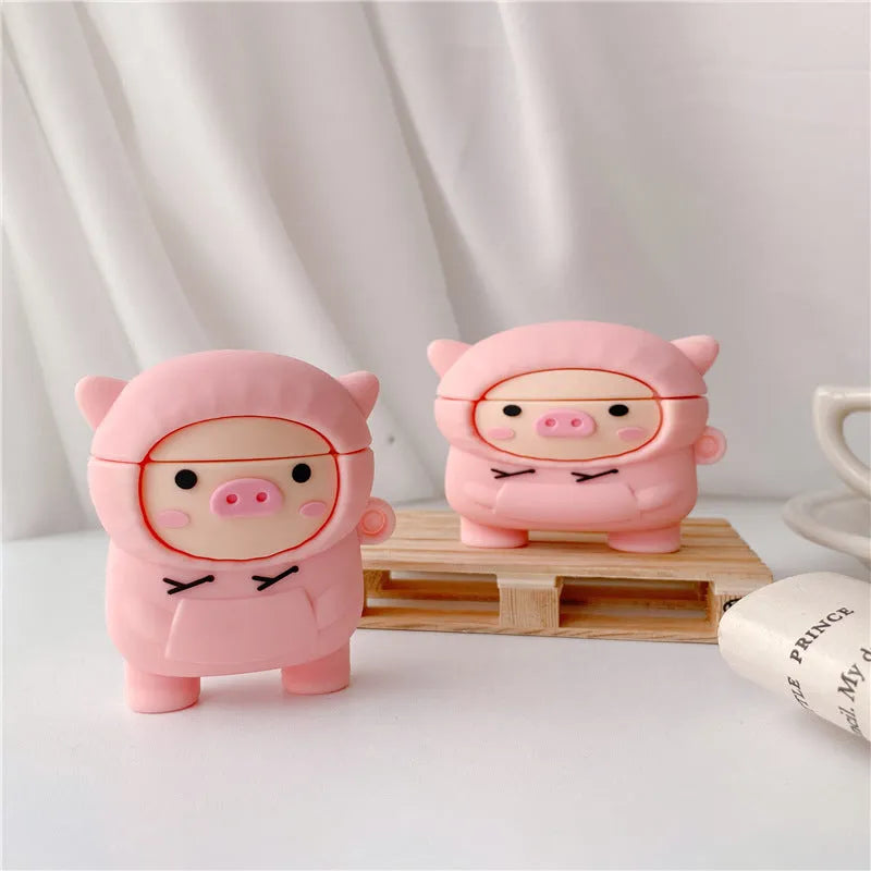 Pink silicone cartoon pig cover for AirPods 1 2 Pro cases with flip design and hook