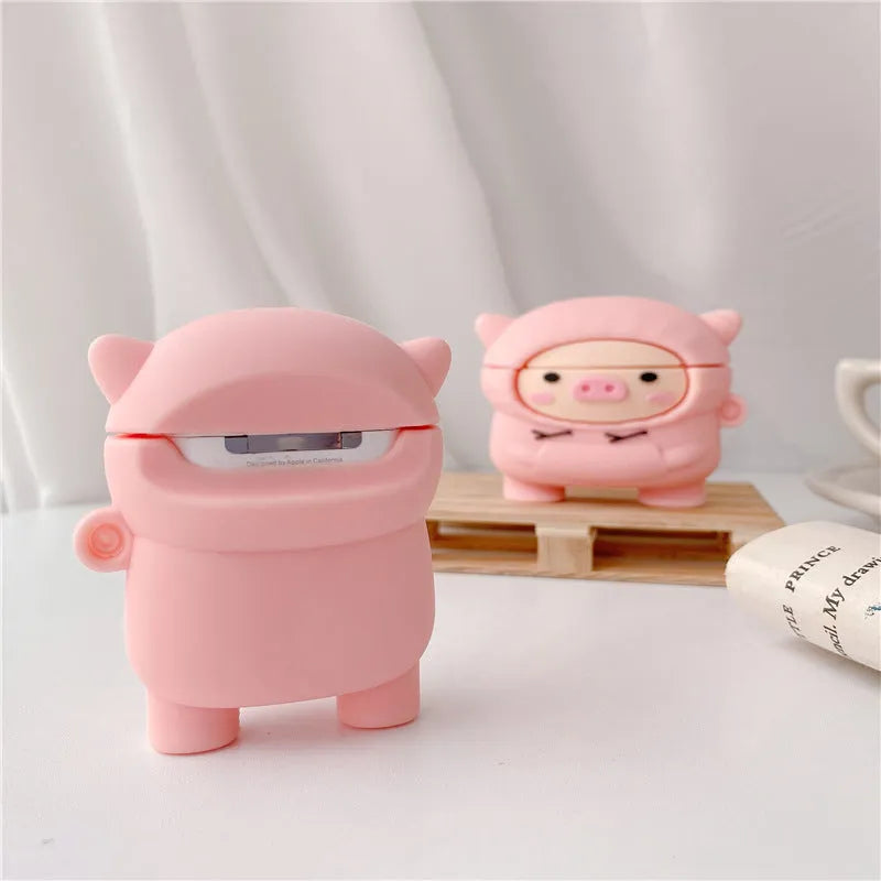 Pink silicone cartoon pig cover for AirPods 1 2 Pro cases with flip design and hook