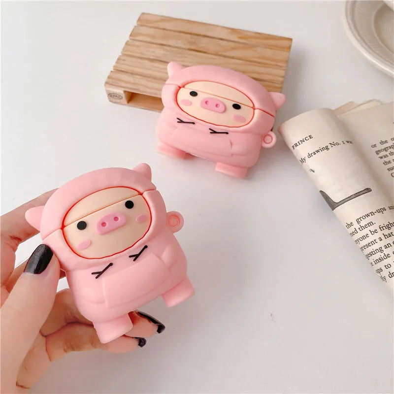 Pink silicone cartoon pig cover for AirPods 1 2 Pro cases with flip design and hook