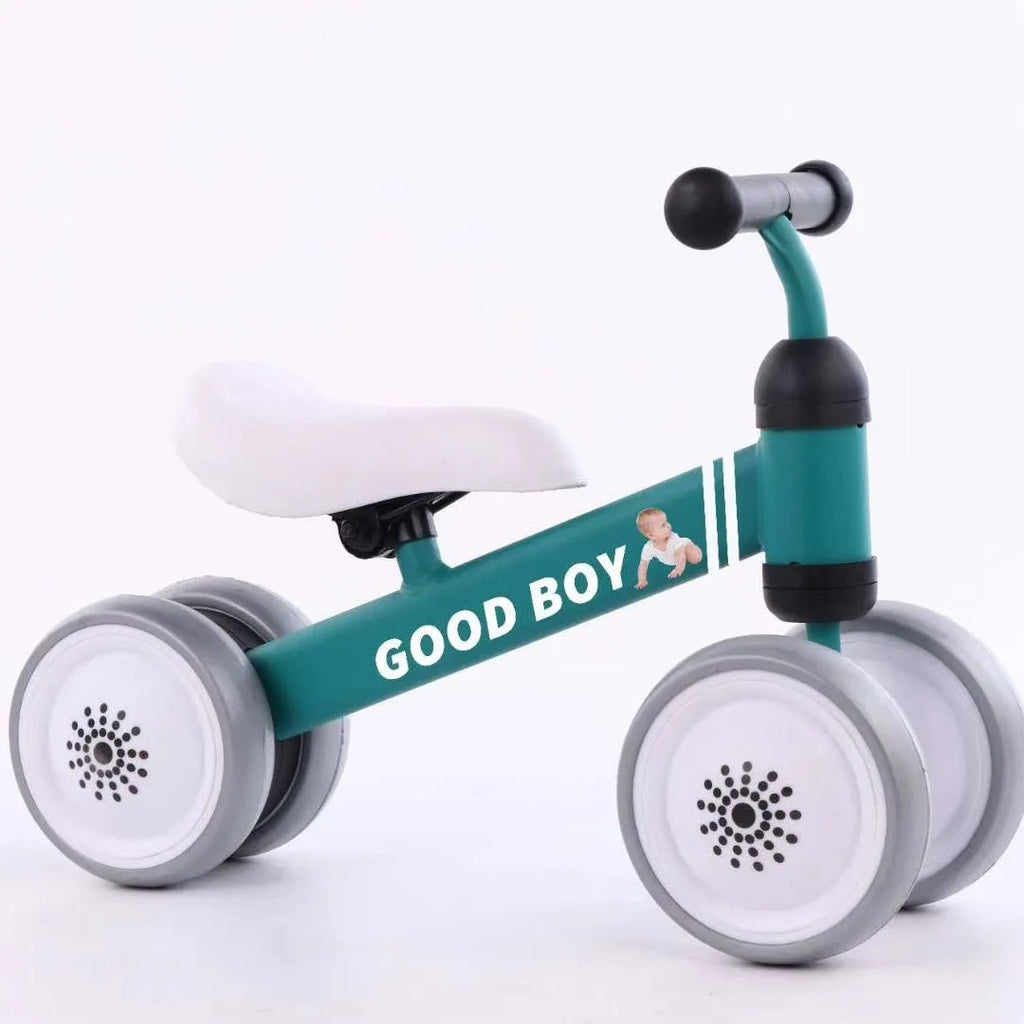 Plastic no-pedal baby balance bike with three wheels, carbon steel frame, EVA foam tyres, and artificial PU leather seat